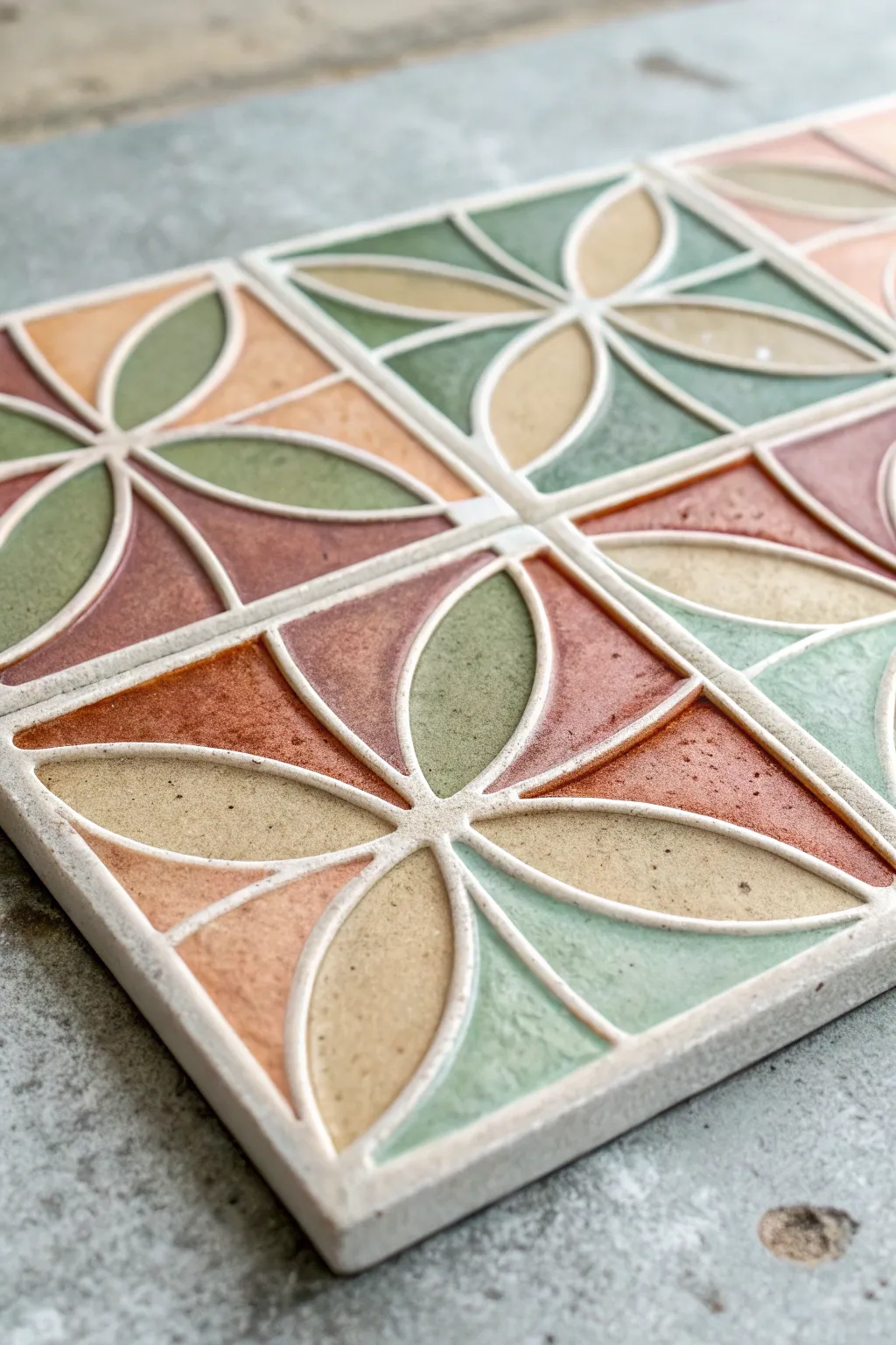 Raised-outline tile painting close-up with stained-glass sections and soft boho mineral colors