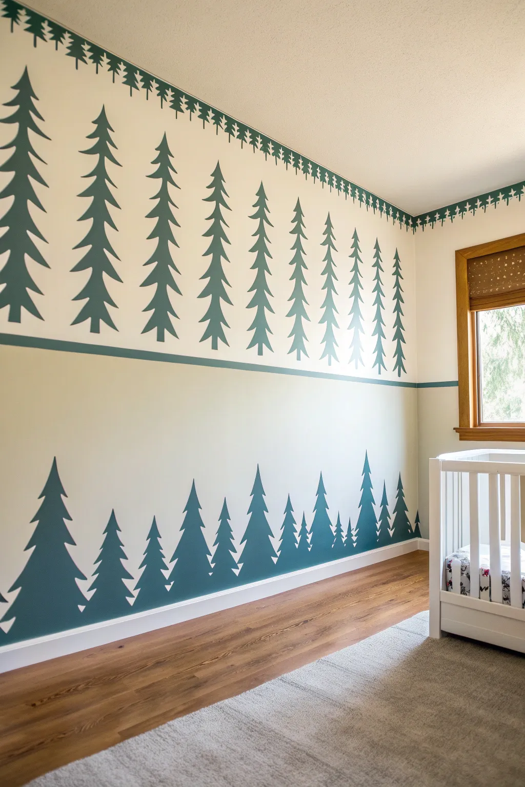Calm woodland border: pine tree silhouettes in deep green for a cozy toddler boy room