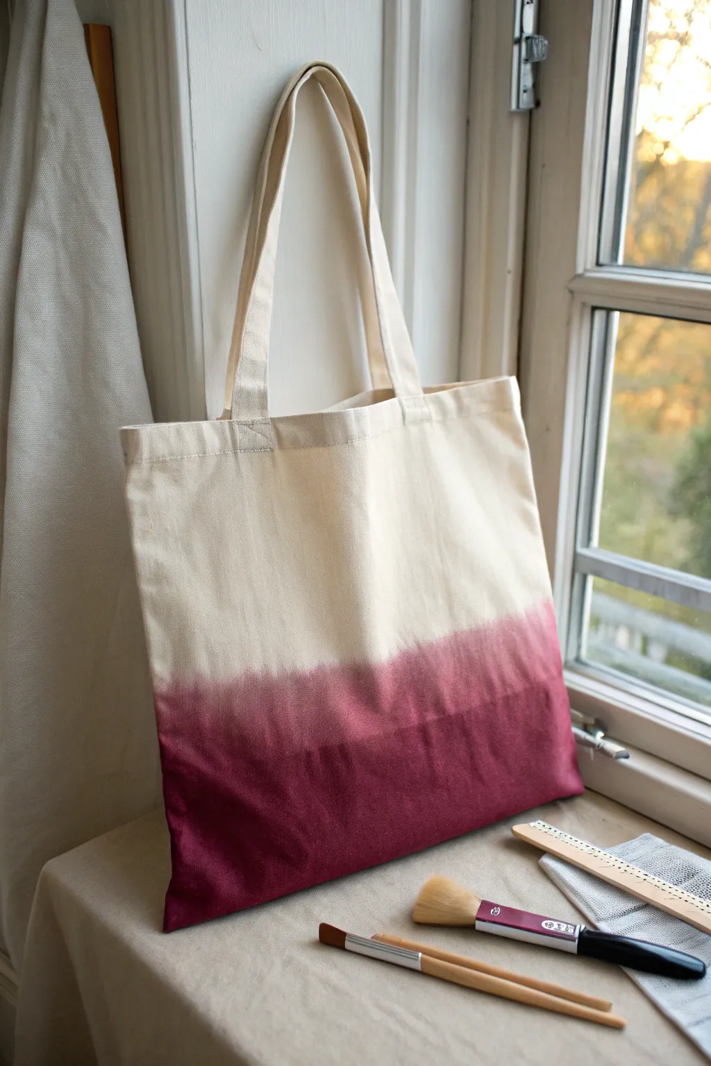 Soft ombre dip-painted tote in deep-to-pale fade, minimalist craft setup for easy DIY.