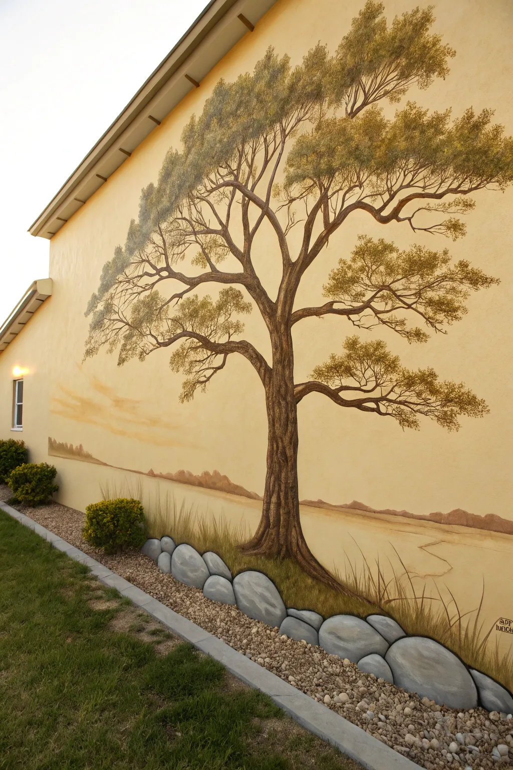 A grounded tree mural base with soft grass, stones, and a hazy horizon for calm depth.