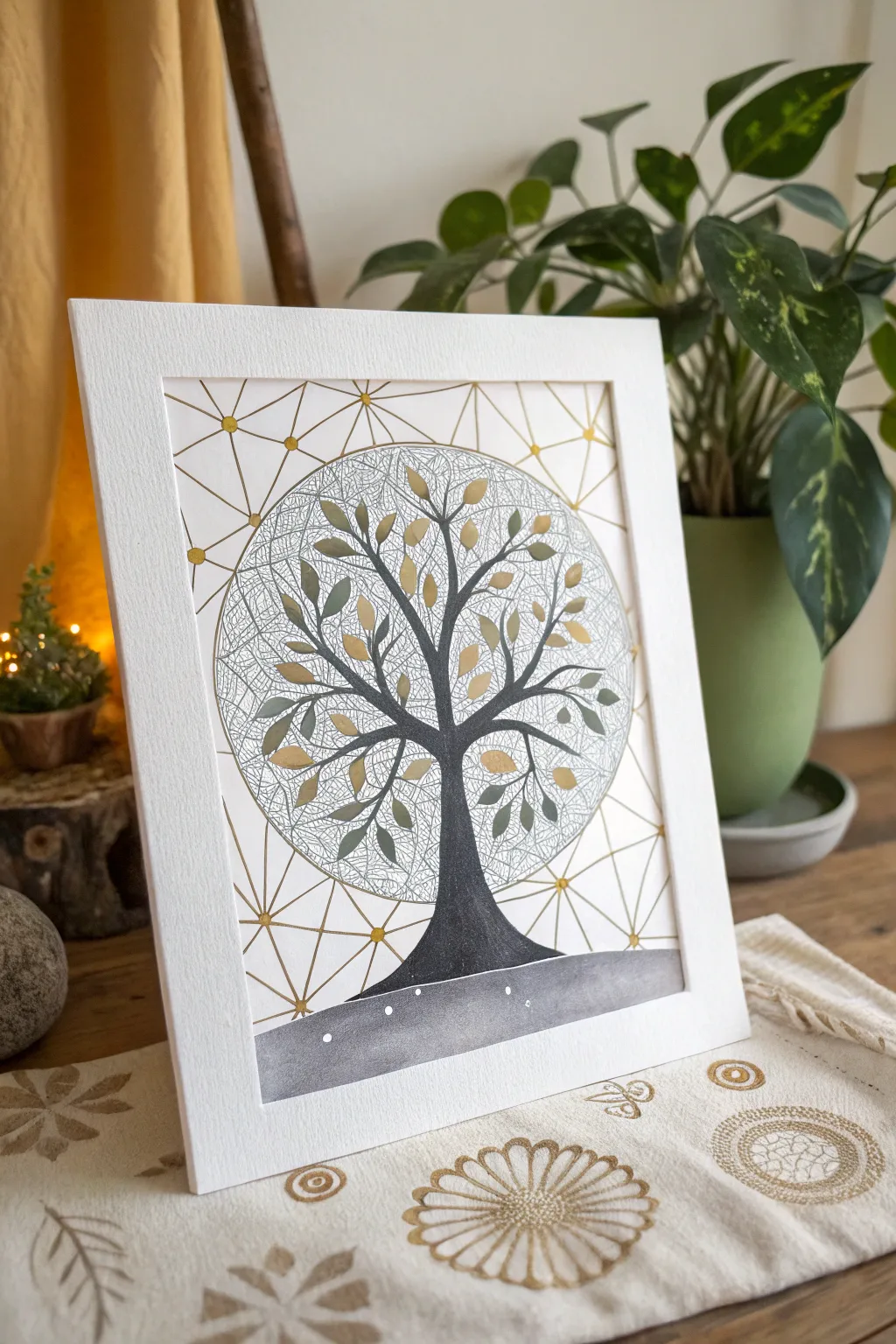 Geometric Tree of Life in minimalist boho tones, crisp shapes over a softly blended wash