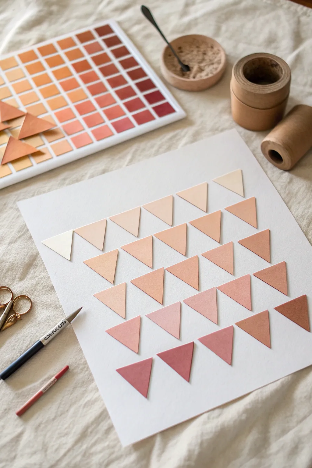 Blush-to-terracotta paper triangles create a calming ombre collage, with a few pieces still loose.