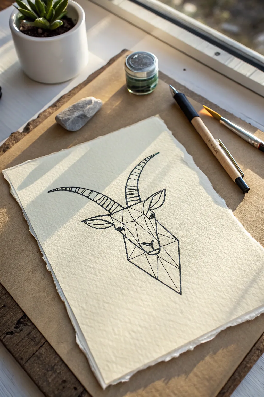Angular mountain goat sketch in crisp triangles, minimalist lines and natural paper texture.