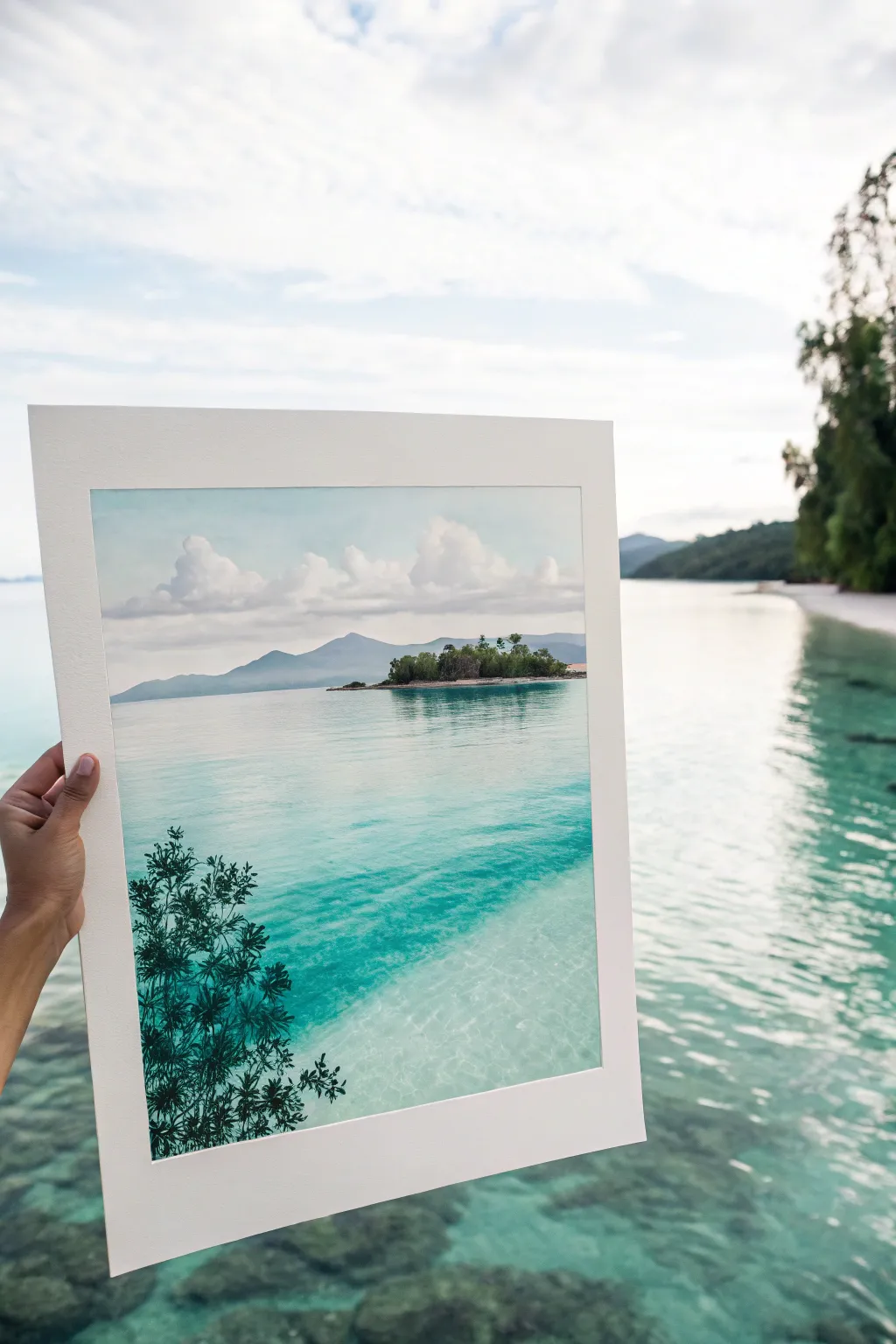 Minimal watercolor lagoon in teal with hazy islands, calm tropical mood for your next painting