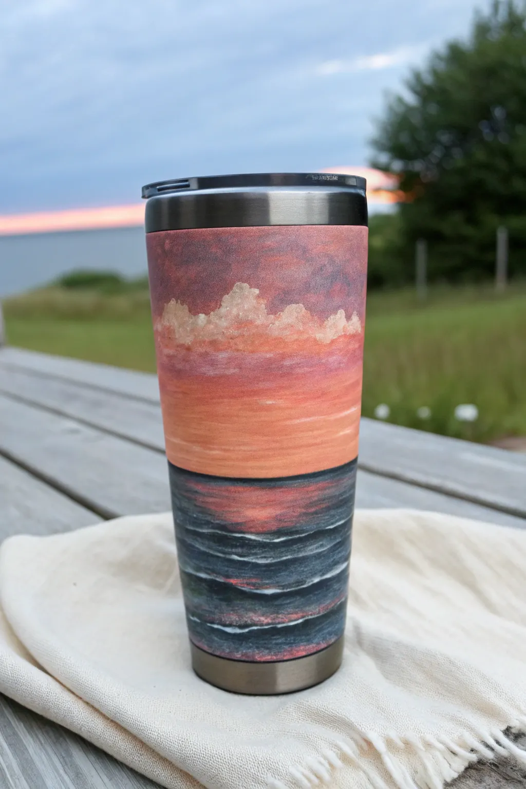 Paint a dreamy sunset gradient tumbler with a crisp horizon line for easy boho minimal vibes.