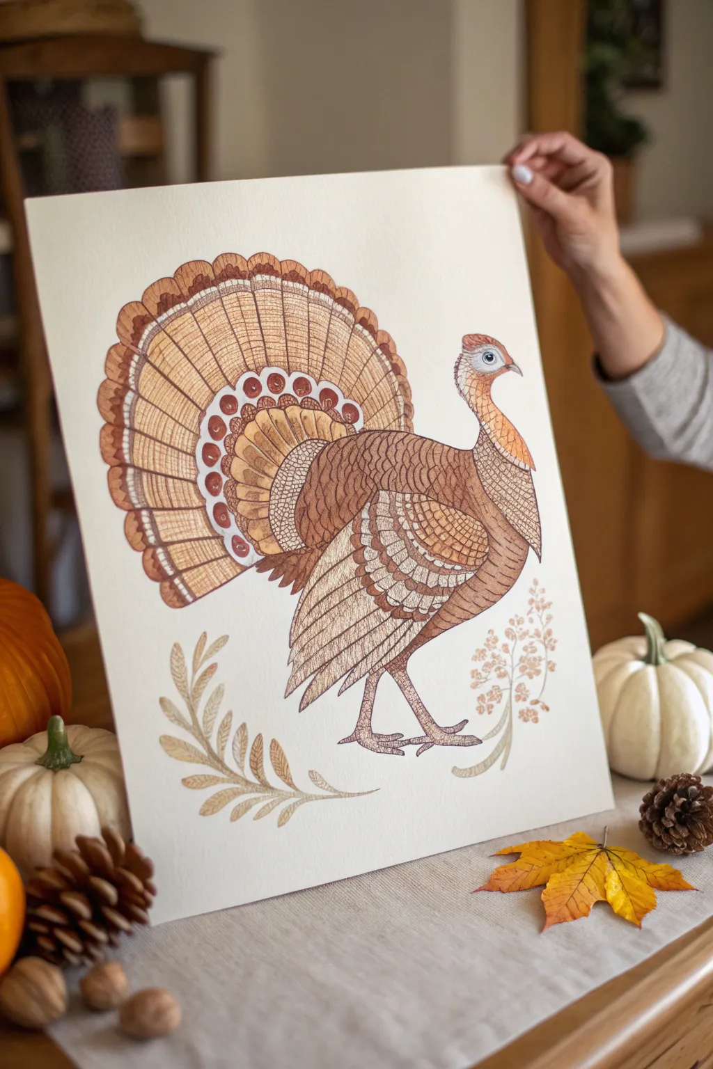 Patterned feather turkey in a muted fall palette with crisp ink lines and boho-minimal charm.
