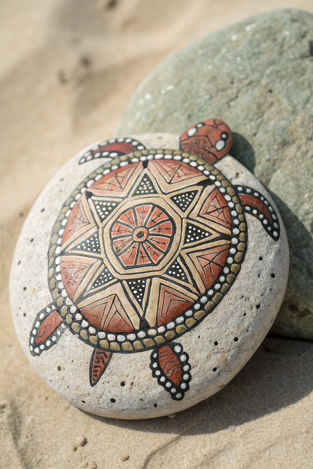 Minimal mandala shell turtle rock painting in warm neutrals for a calm boho vibe