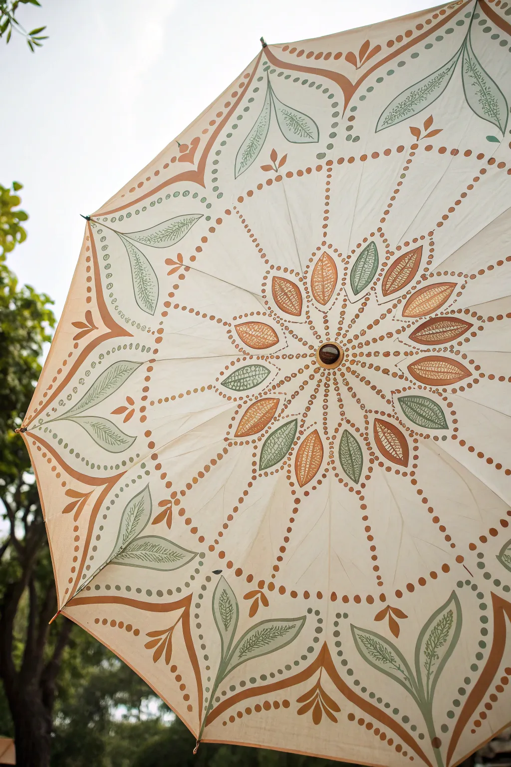 Centered mandala umbrella design with soft boho neutrals and crisp, calming symmetry.