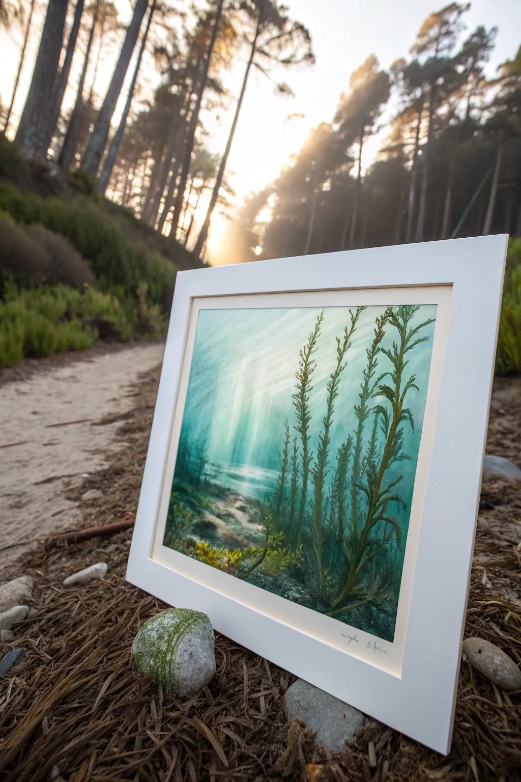 Easy wavy kelp S-curves framing soft light rays, minimalist undersea palette with boho texture.