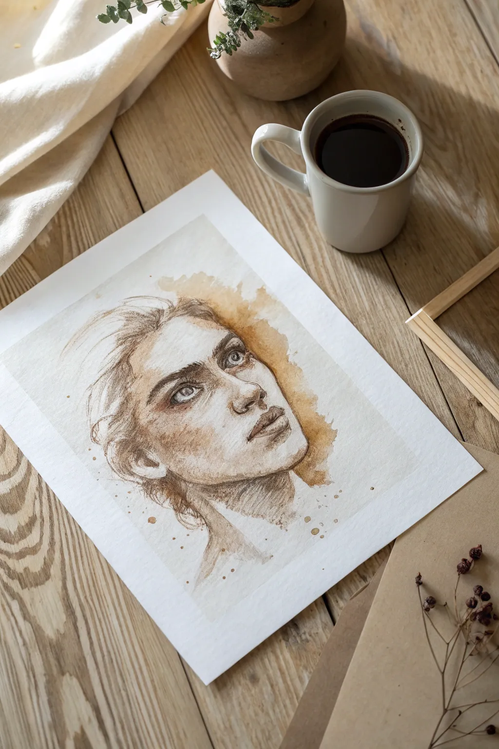 Sepia coffee-stain portrait on clean paper, minimalist styling for a cozy monochrome art idea.