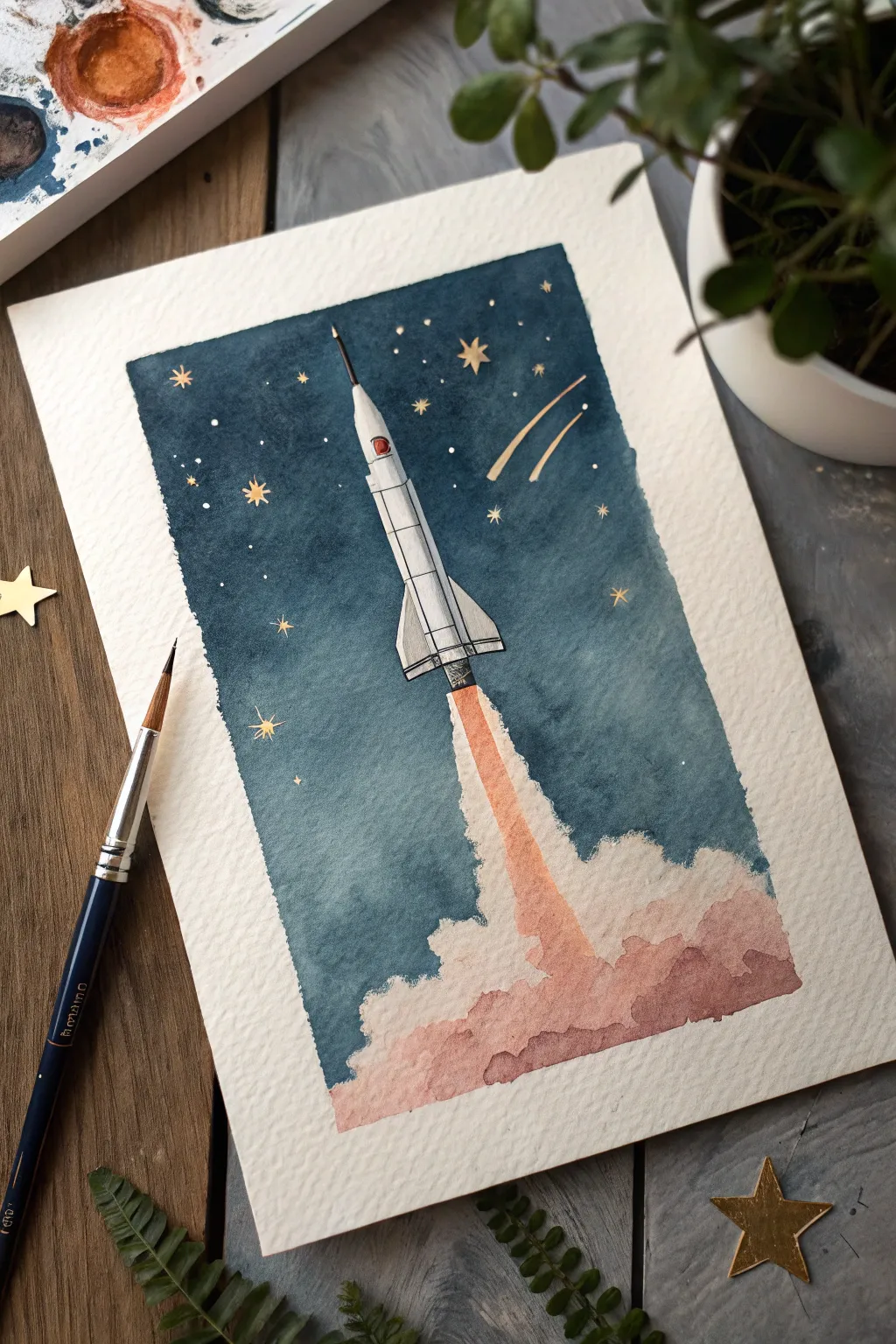 Minimal rocket soaring through indigo stars with a warm blush flame trail, calm boho space vibes