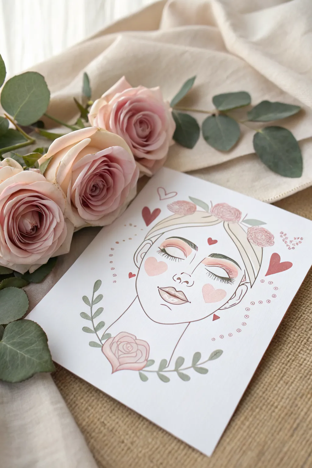 Sweet rose-and-heart face paint layout in soft pinks, perfect for a simple Valentine look