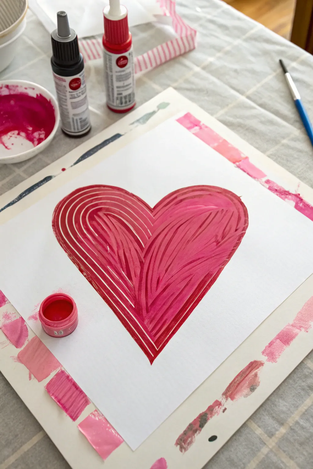Minimal taped heart with roller ridges and comb lines in bold pink red, perfect for Valentines
