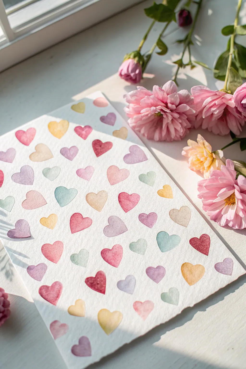 Paint a sweet conversation-heart pattern in pastel tones with bold pink-red accents.