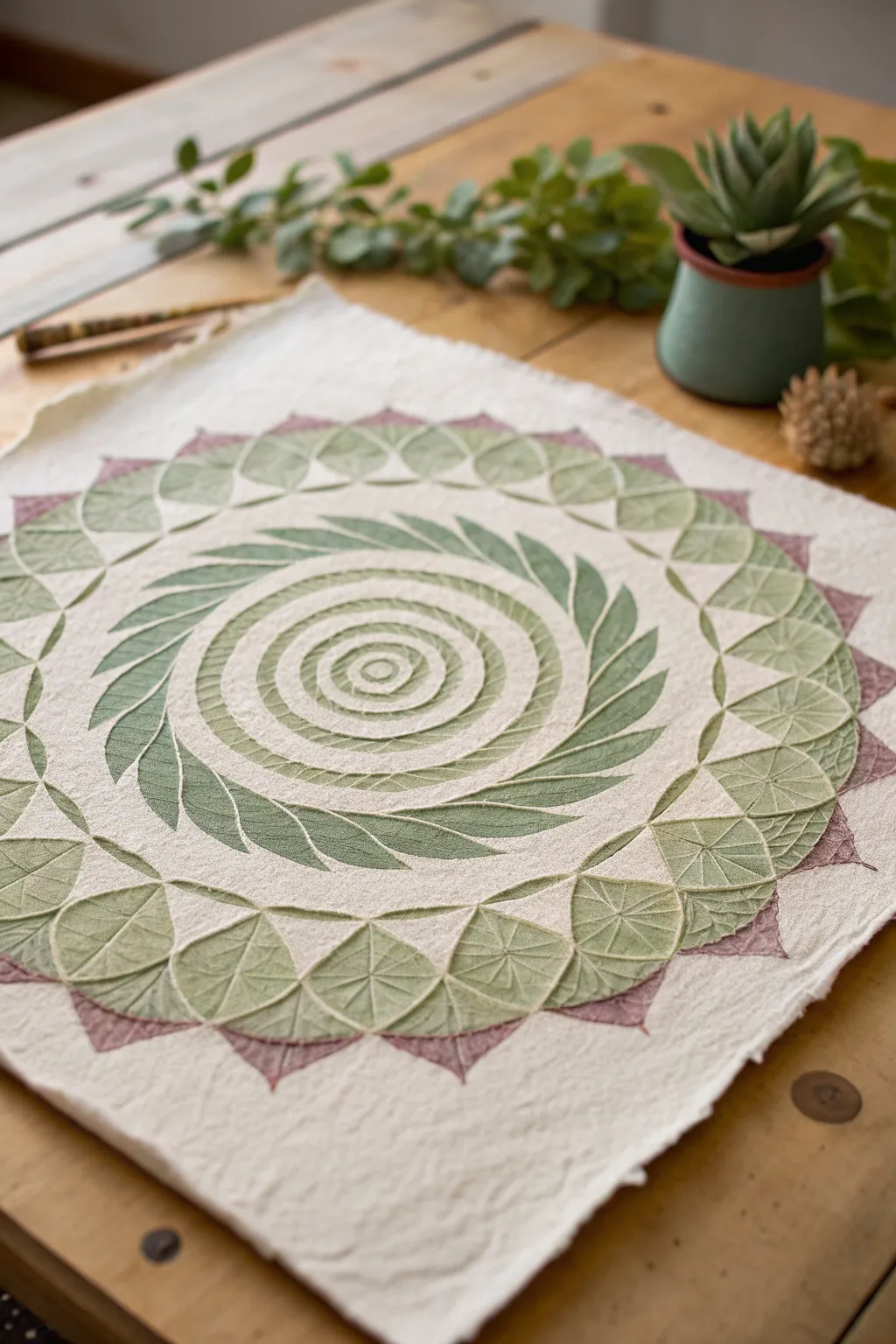 Cabbage spiral mandala layers in soft greens and mauves, a calm stamp-print painting idea