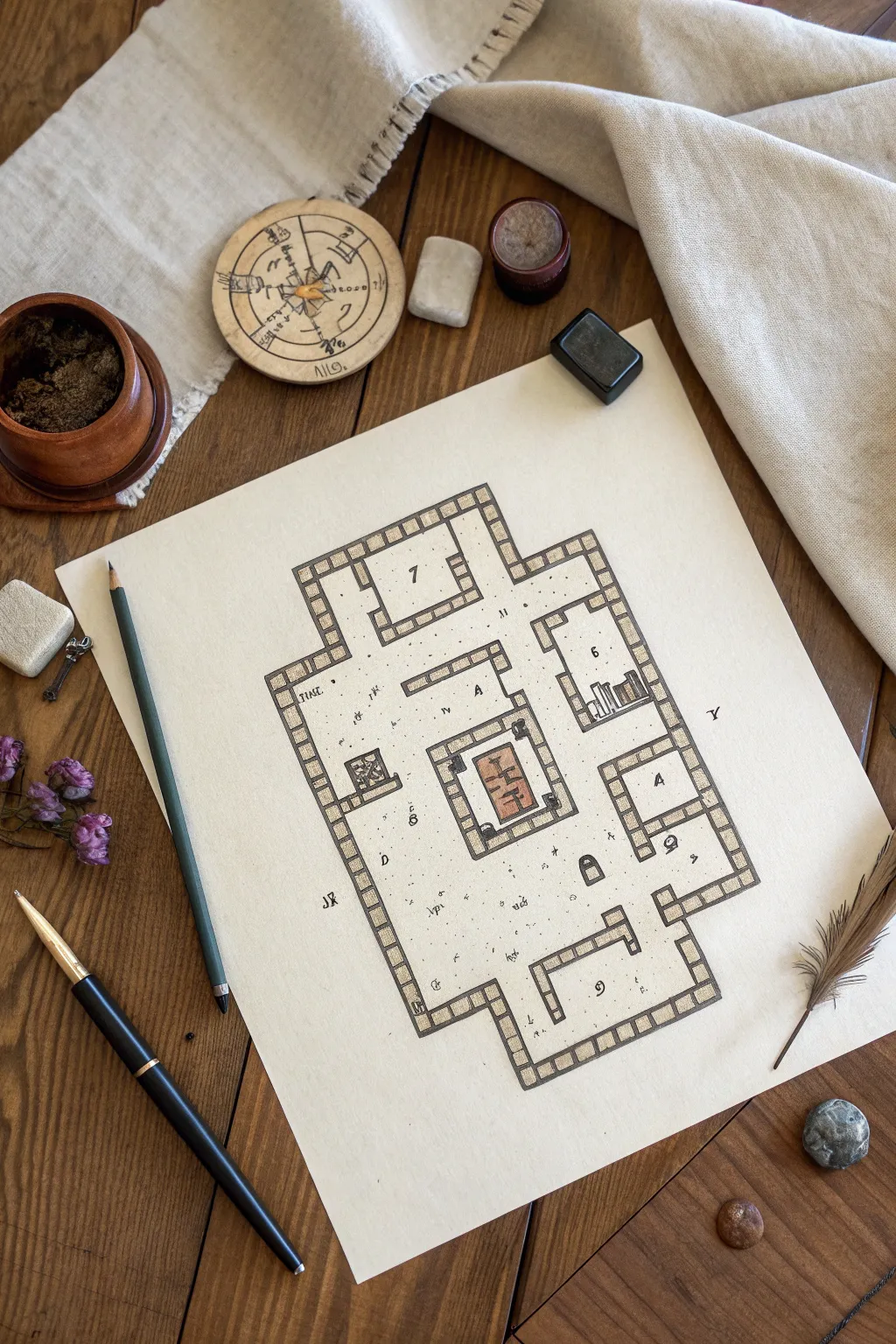 Minimalist hand-drawn dungeon tile map, bold ink and soft washes for clear game planning