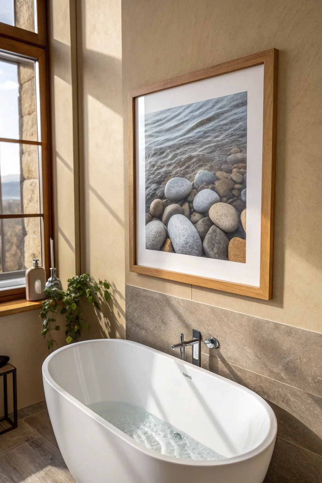 Centered stone and water photo print above the tub for a calm, spa-like minimalist bathroom