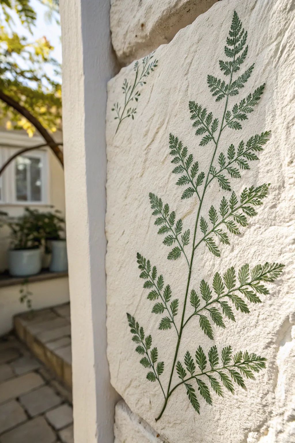 Minimal leaf print wall drawing cluster in sage tones, crisp veins and calming organic contrast