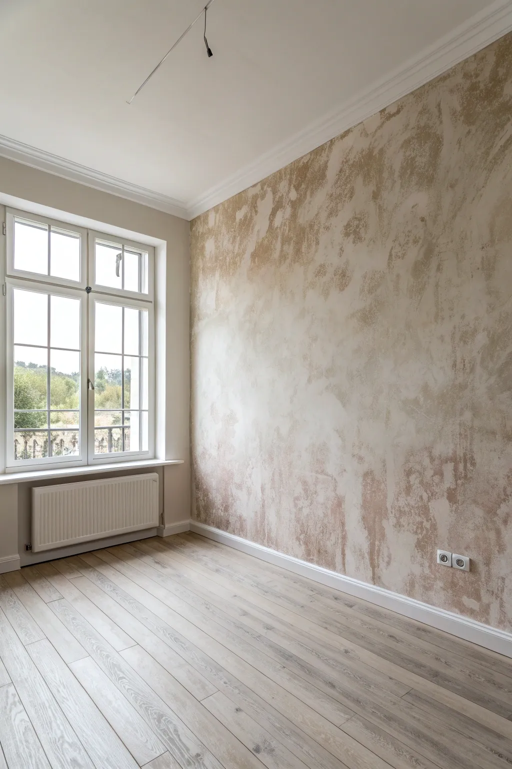 Soft faux limewash mural adds calm, cloudlike depth to a minimalist Scandinavian room.