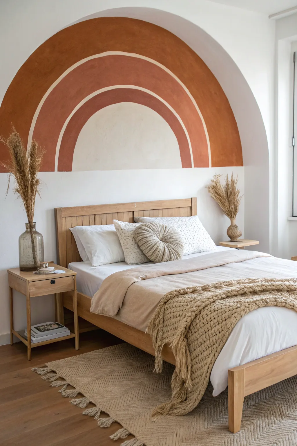 Elevate your bedroom with a chic painted arch. This DIY faux headboard adds instant style and boho vibes.