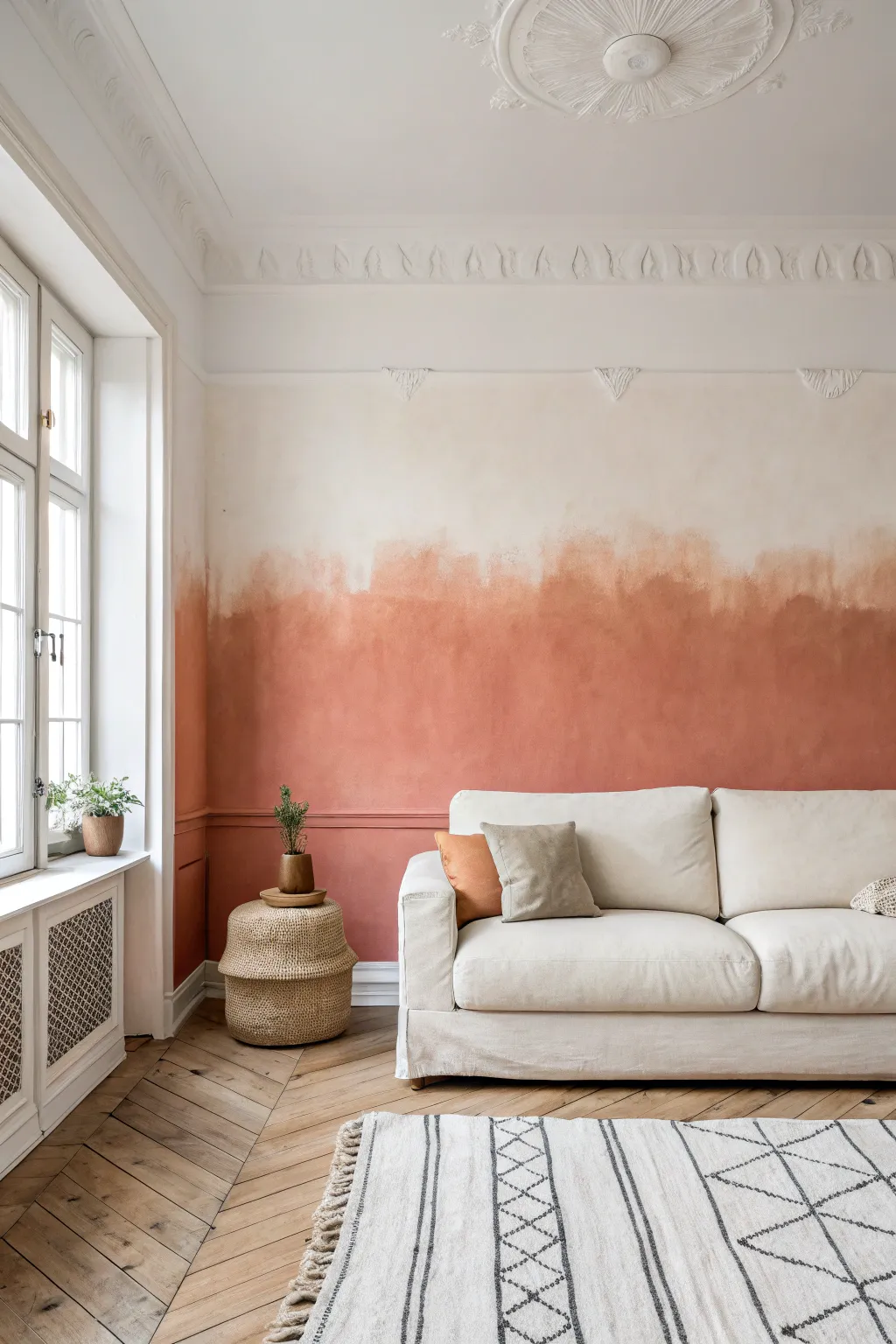 Soft ombre wall fade behind the sofa, bringing calm Scandinavian warmth to your living room.