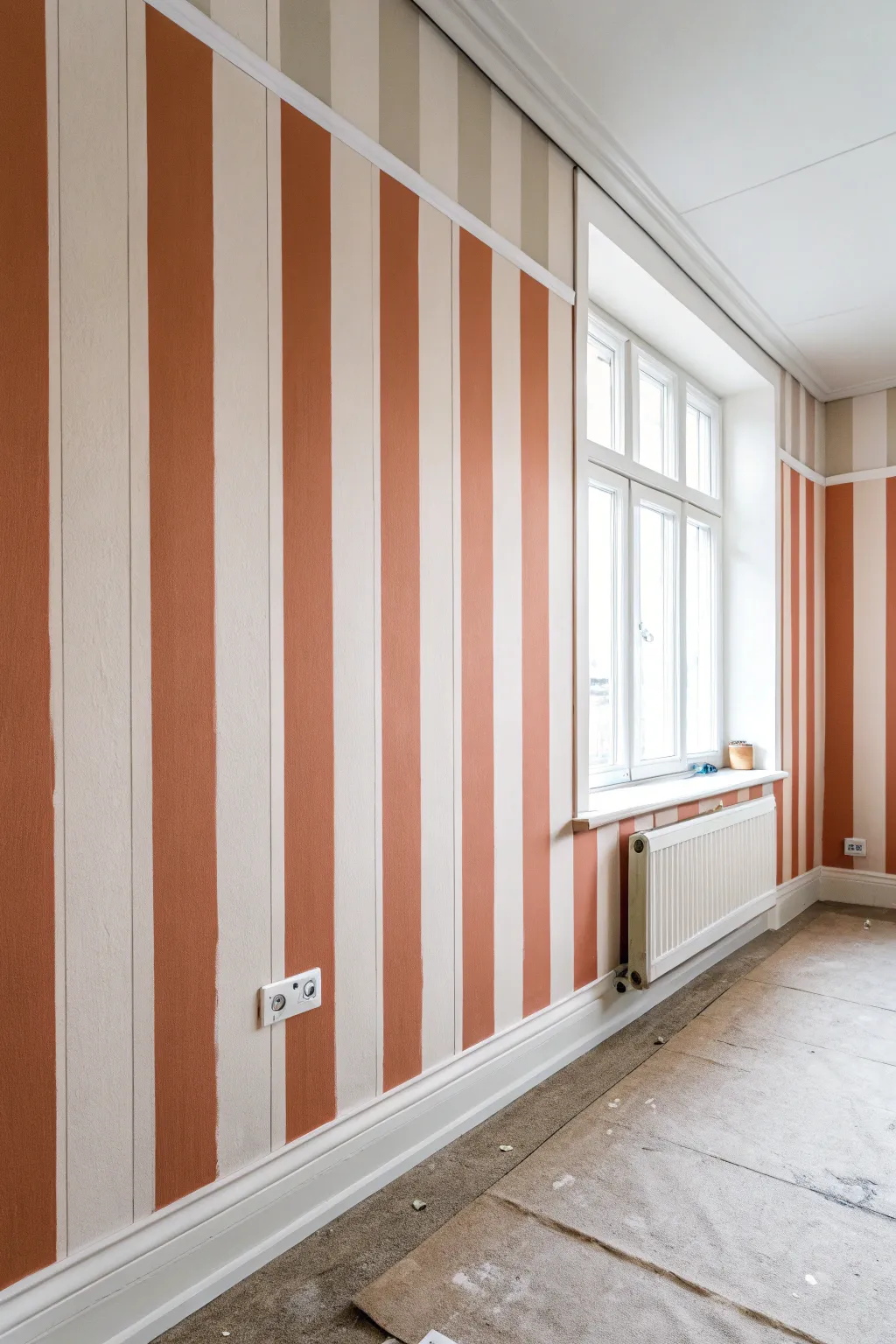 Wide painted stripes with peeled painter’s tape reveal crisp lines for instant architectural charm
