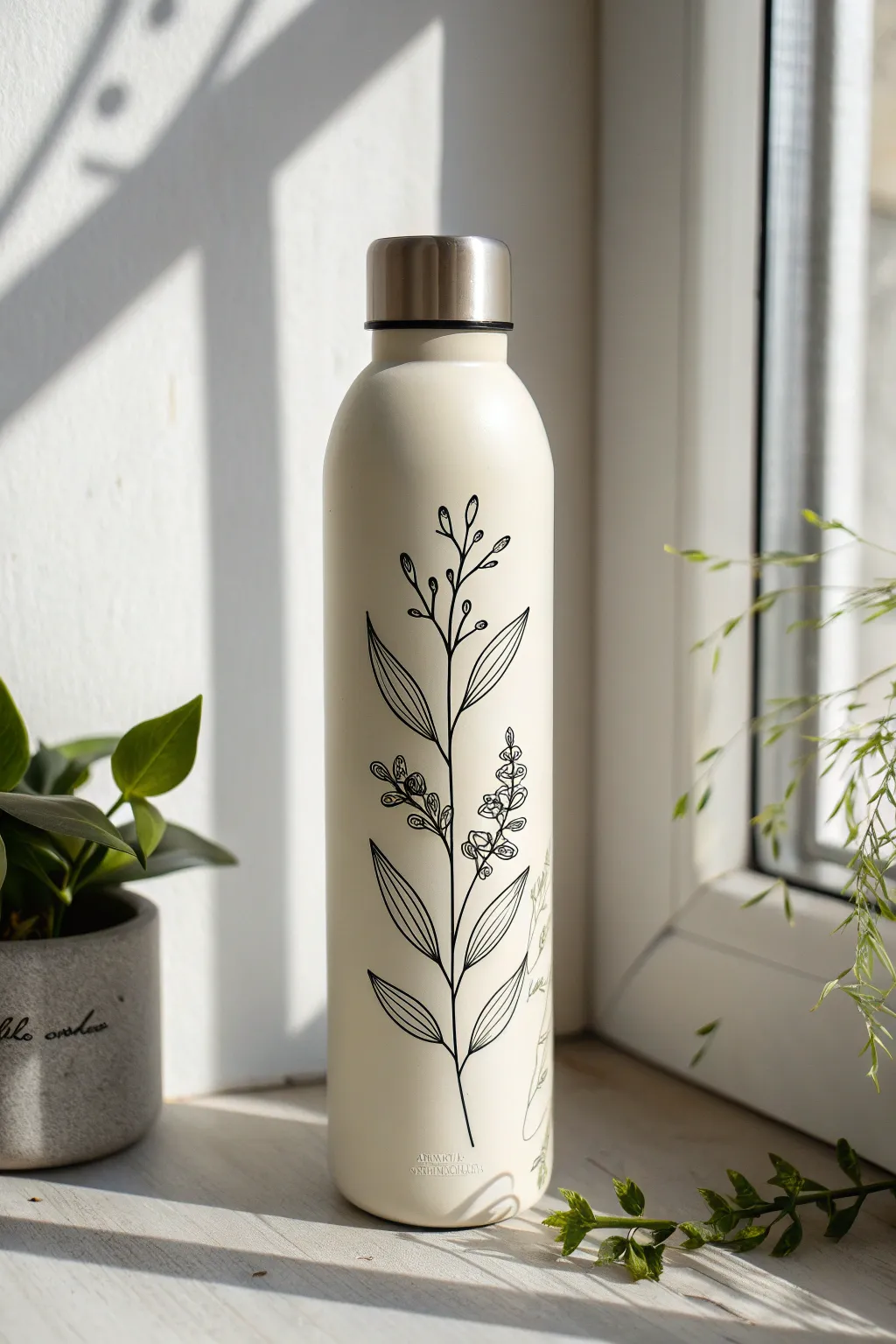 Minimal line art leaves on a matte water bottle, clean and modern for easy botanical painting
