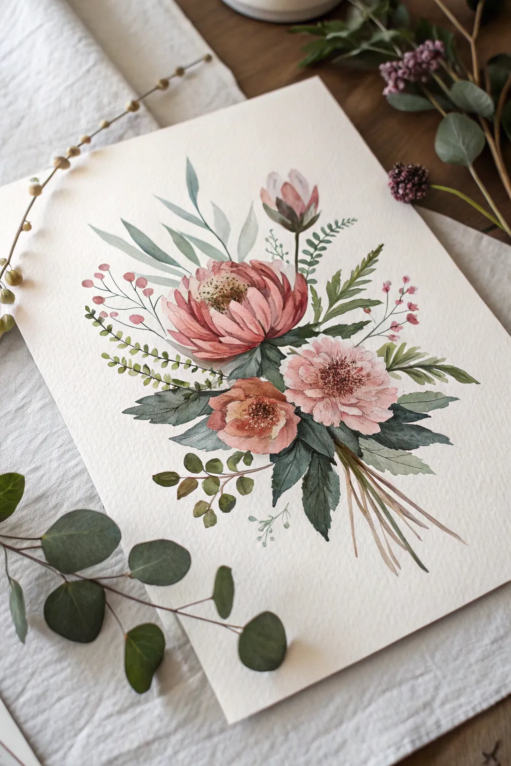 Mixed bouquet watercolor idea: one big bloom first, then medium flowers and airy sprigs