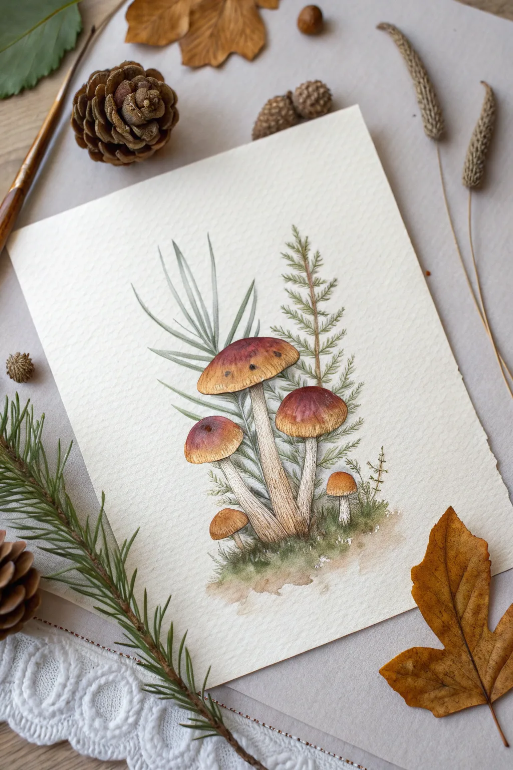 Paint sweet forest mushrooms in watercolor with earthy dry-brush texture and soft shadows
