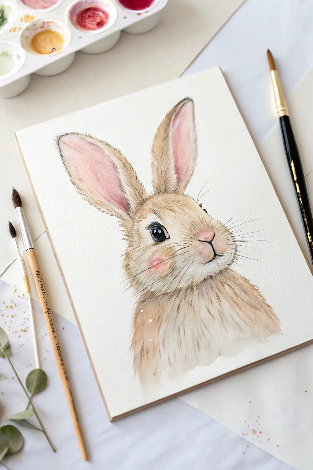 Minimal bunny watercolor portrait with soft wet-on-wet fur washes and airy white space