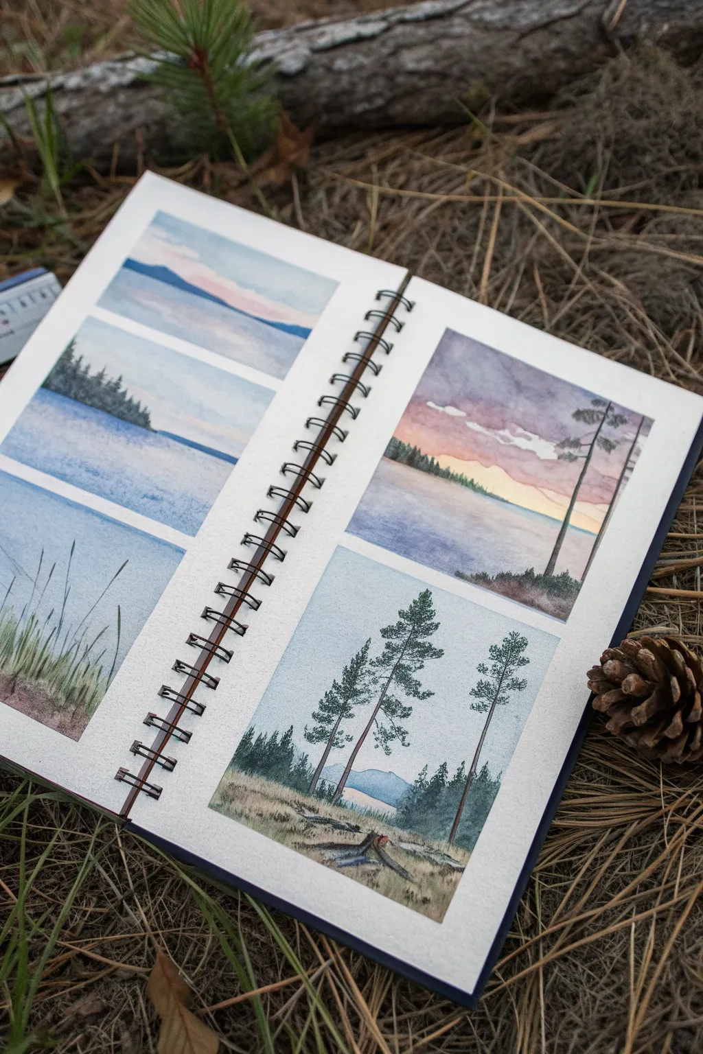 Split-panel mini landscapes in watercolor pen, perfect for practicing gradients and crisp edges