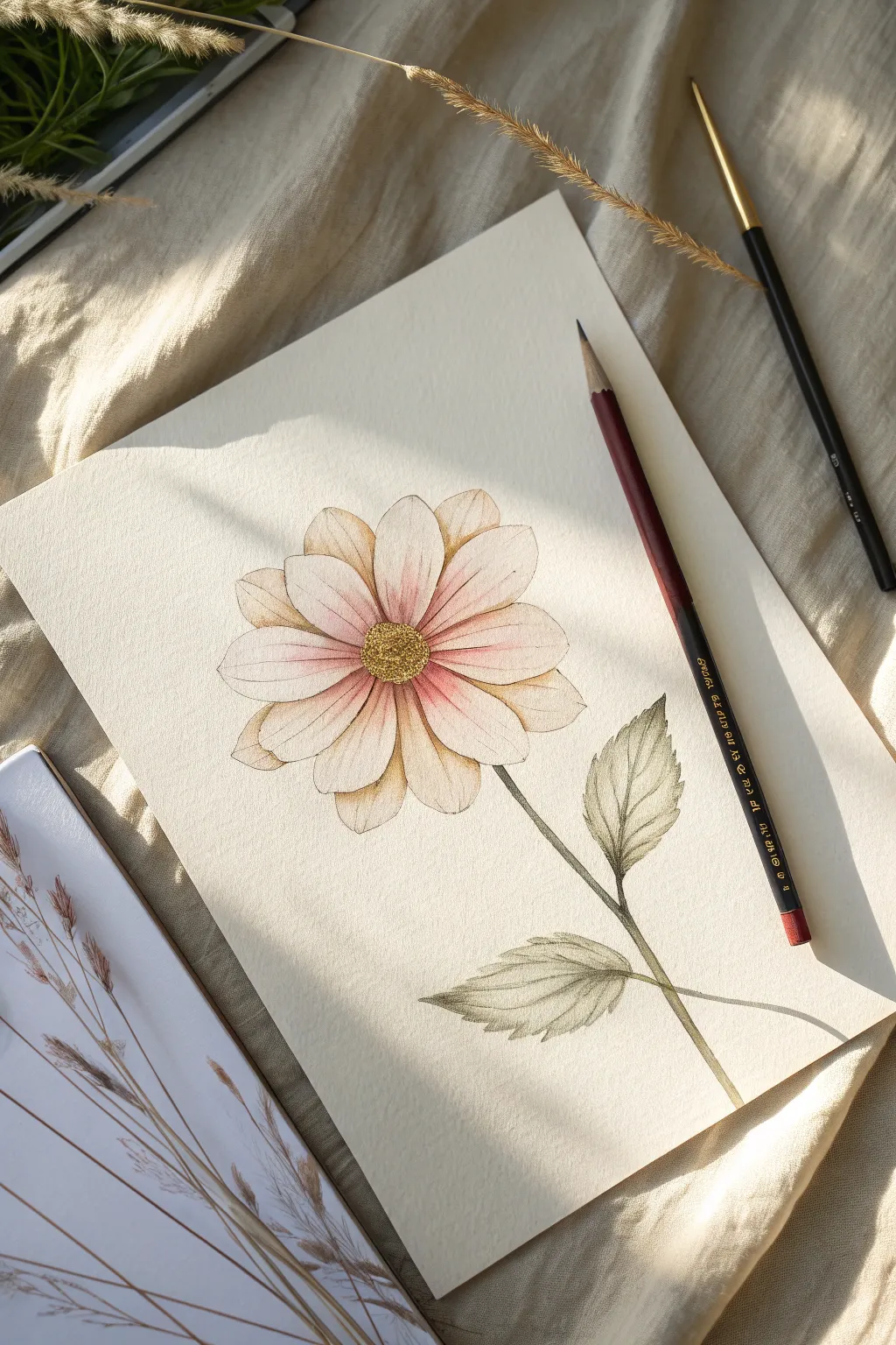 Loose petal layering: start with an activated wash, then add crisp dry pencil edges and veins.