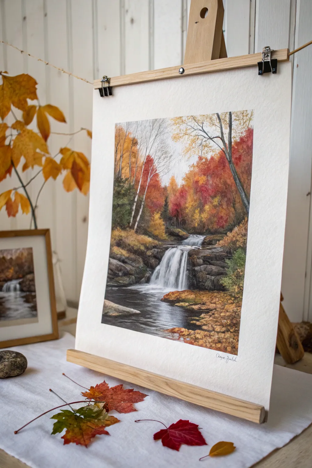 Autumn waterfall palette: warm rust and gold trees, cool water, and floating leaves.