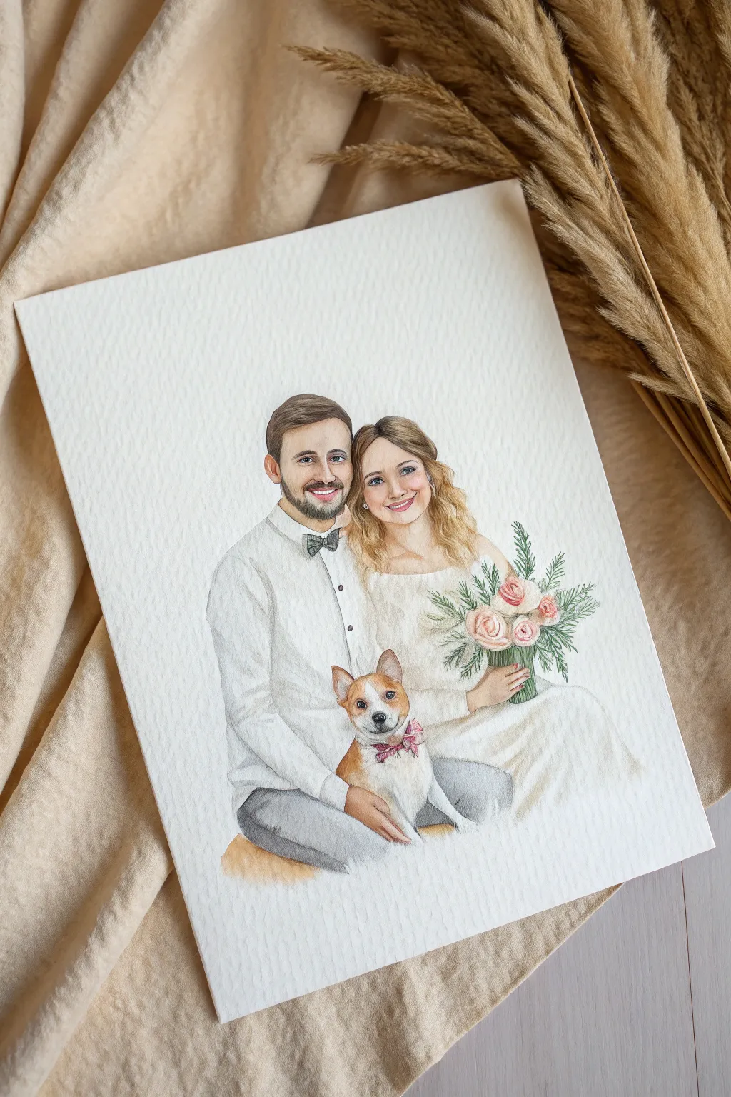 A minimalist wedding portrait painting with their beloved pet, perfect as a heartfelt gift.