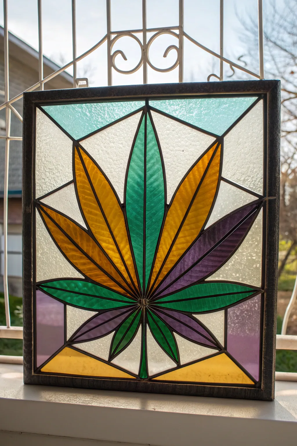 Jewel-toned stained-glass cannabis leaf with bold dark outlines on a moody charcoal backdrop