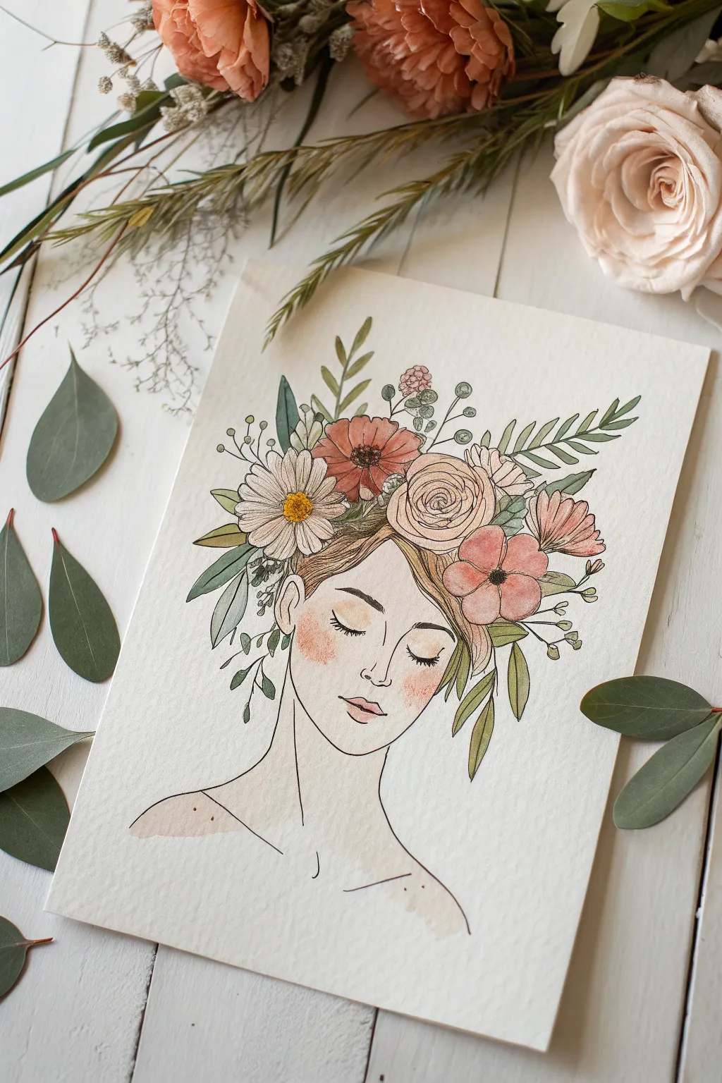 Minimal portrait sketch with hair blooming into flowers and leaves, Scandinavian calm with boho charm
