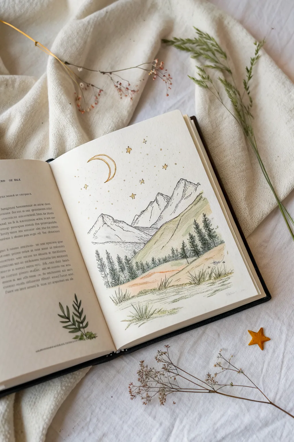Books that spill into reality: an open book transforms into mountains, stars, and crescent bookmarks