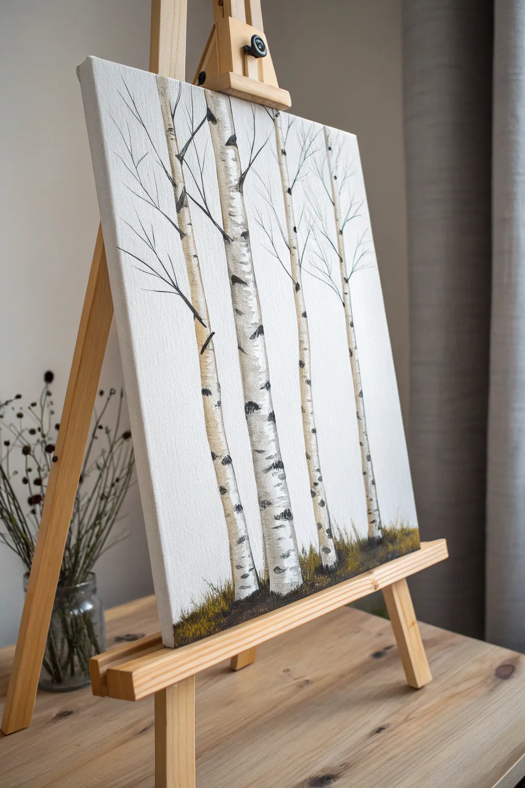 Crisp white birch trunks on a minimalist canvas, with soft neutrals and visible brushstrokes