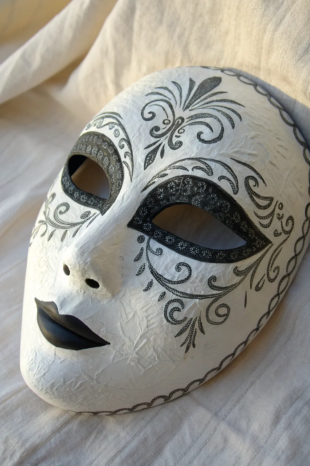 Gothic lace shadows on a white mask, crisp charcoal linework with soft depth and drama.