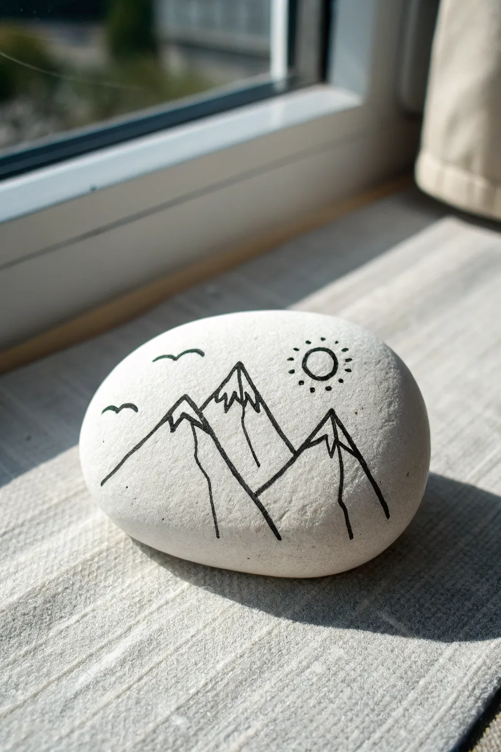 Minimal black mountain and sun on a white rock, clean Scandi vibe with bold contrast