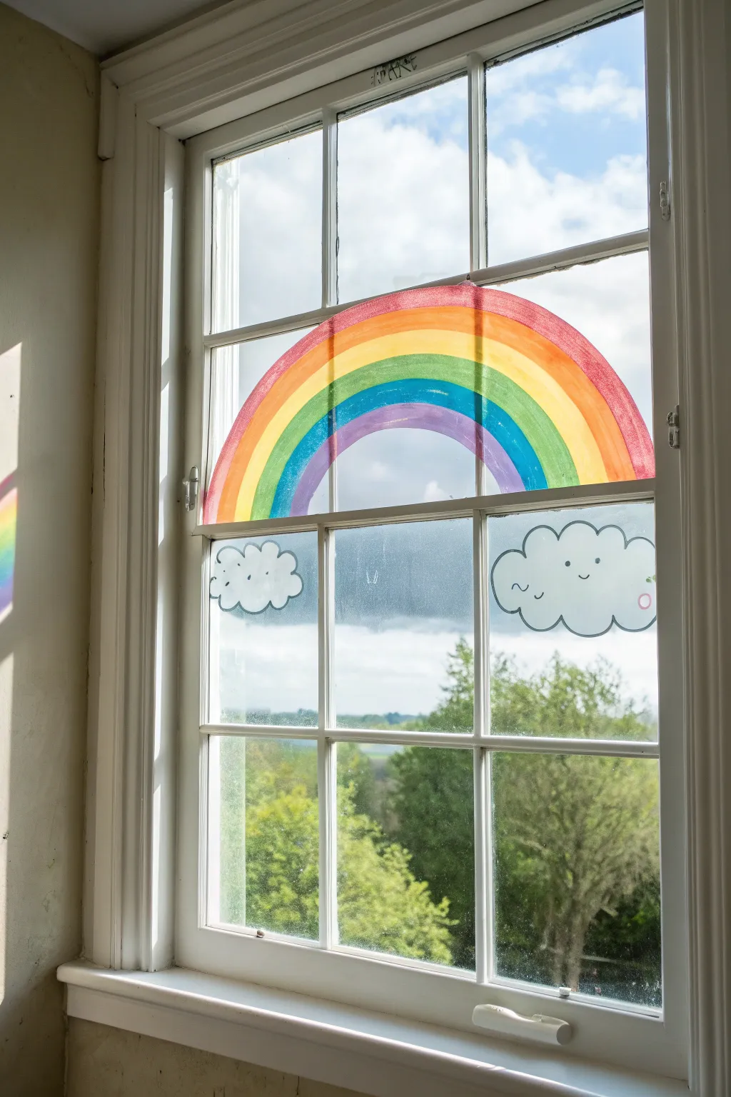 Soft rainbow window paint turns sunlight into a dreamy glow, with tiny clouds for charm.