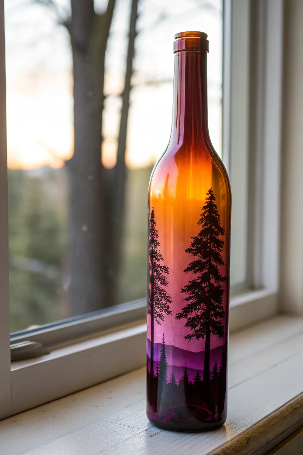 Ombre sunset wine bottle with tree silhouettes, minimalist dusk styling for easy DIY inspo
