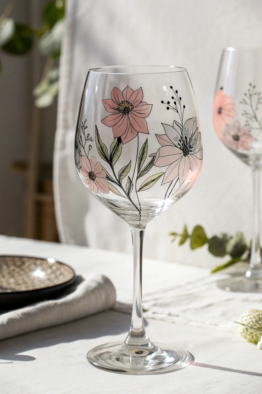 Minimalist wine glass art: negative-space flowers with fine black outlines and soft washes.