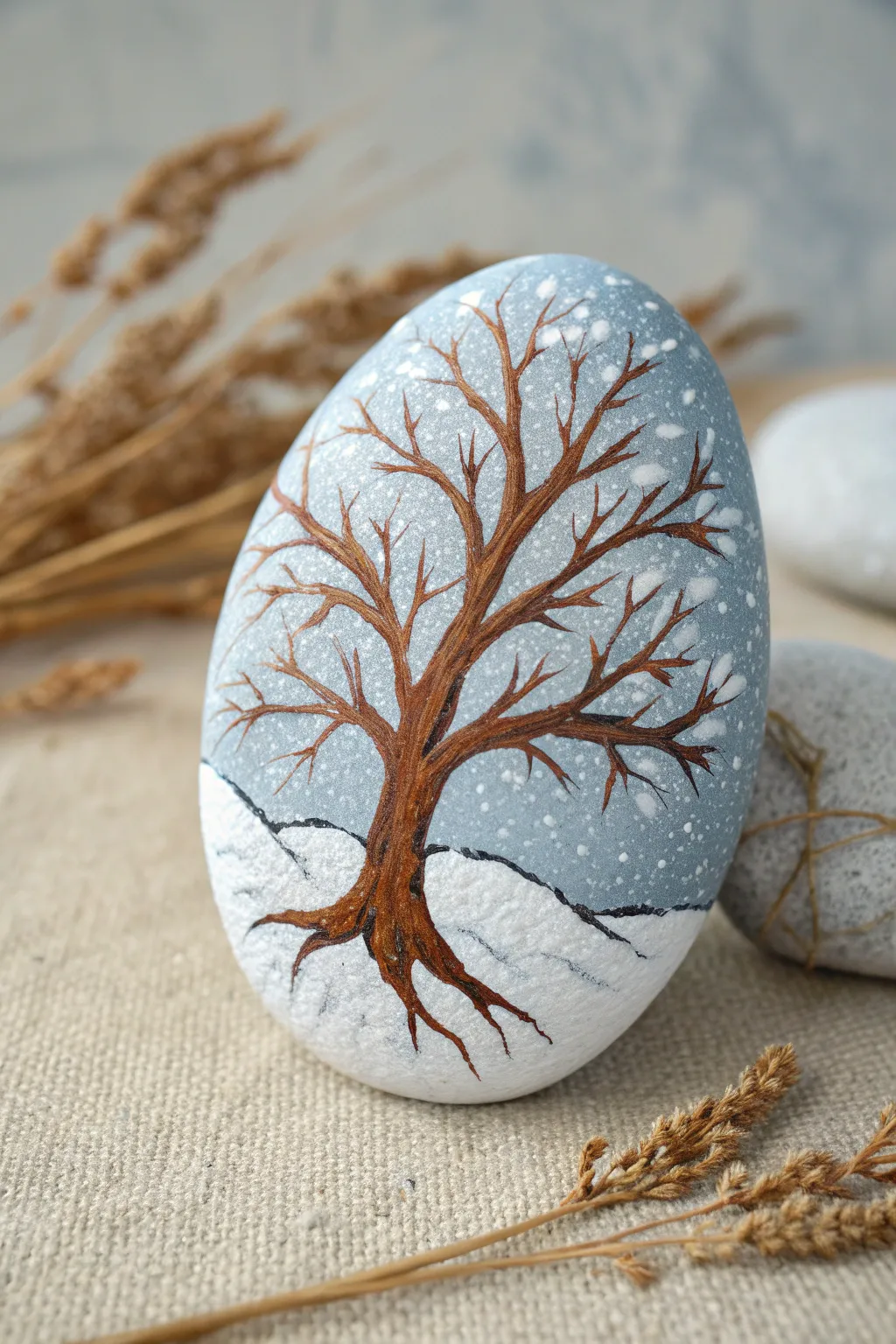 Cozy puffy snow texture on painted branches, minimalist winter rock idea with calm Nordic vibe.