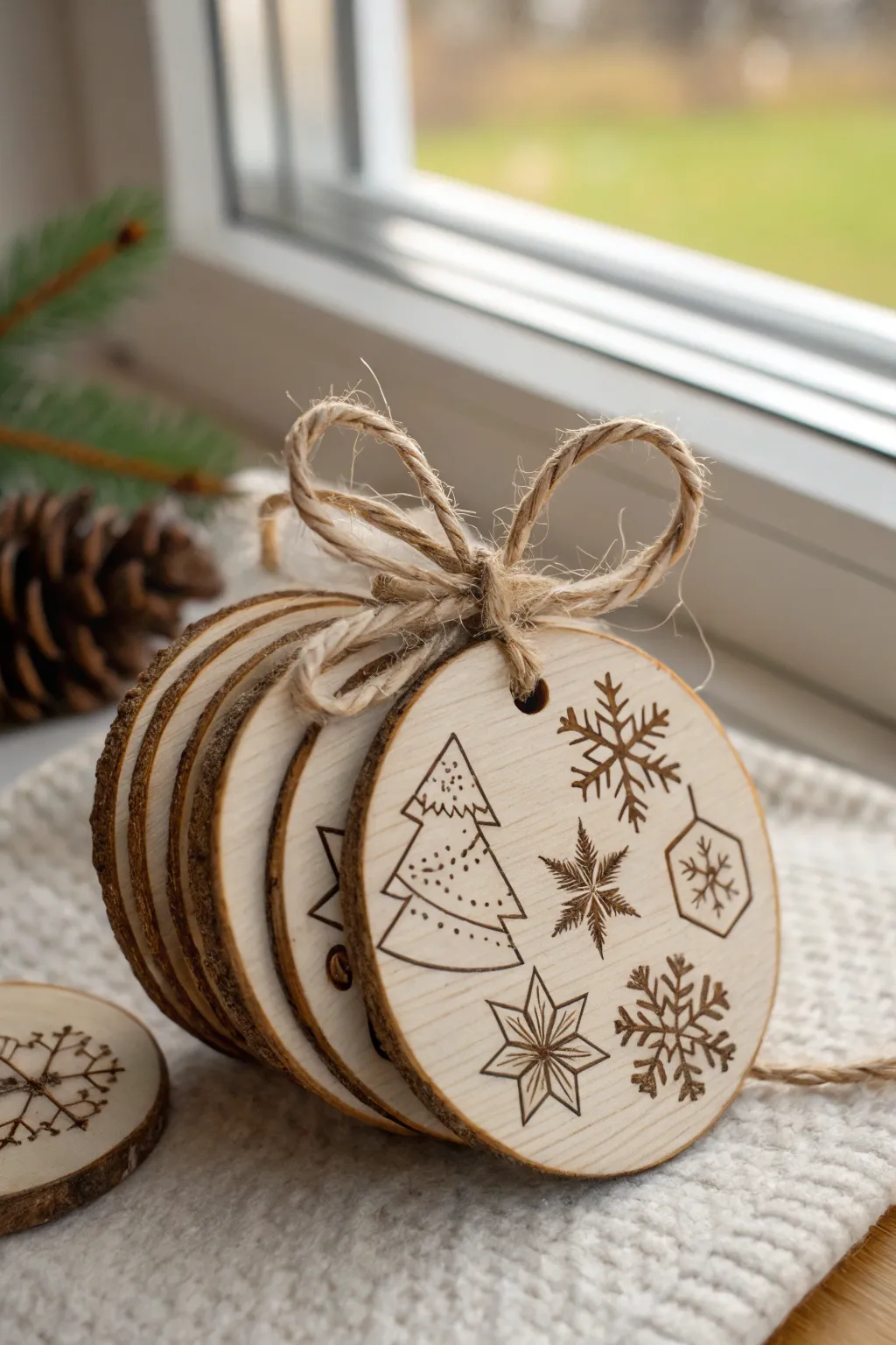 Batch-burn seasonal icons on round wooden ornaments for a cozy minimalist holiday set
