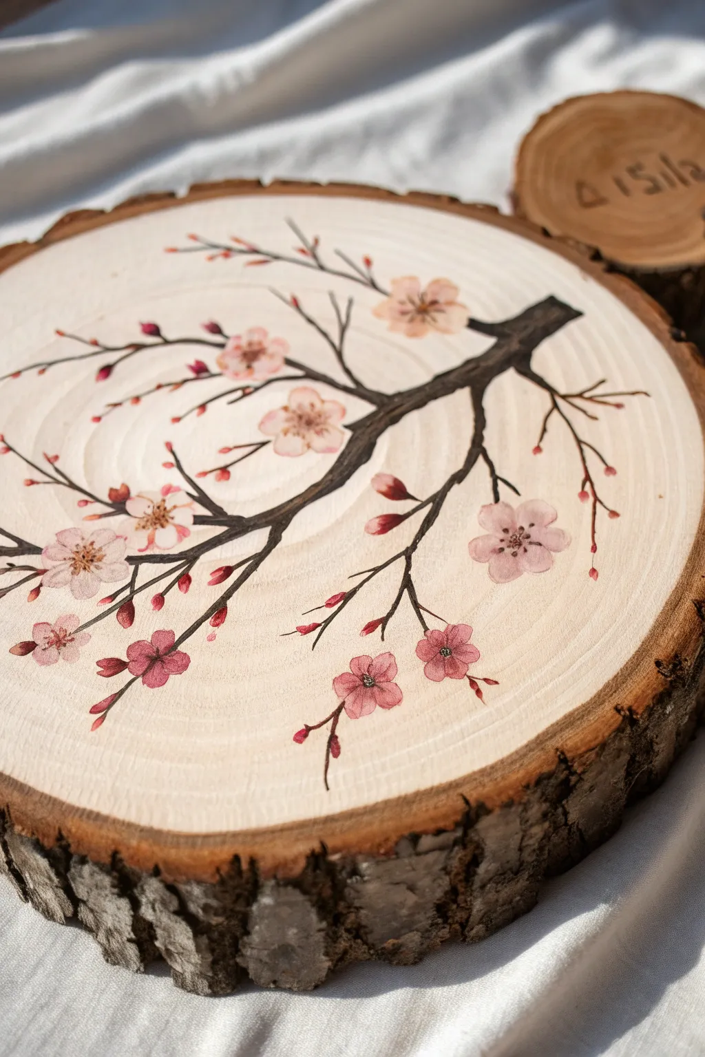Spring cherry blossoms on a wood circle: minimalist branch design with airy negative space.