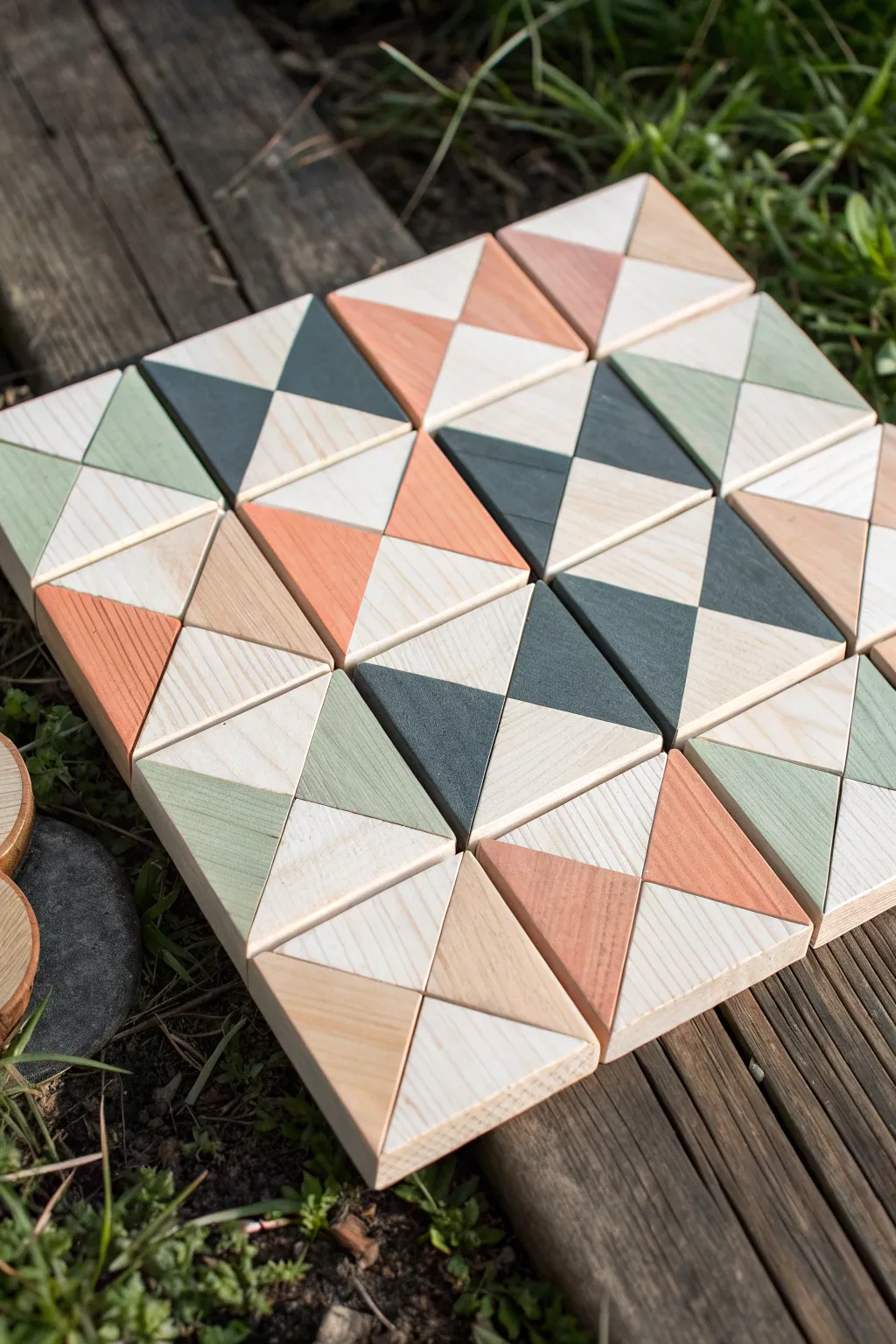 Geometric color-block wood tiles in a calm Nordic palette, perfect for simple DIY wood craft painting.