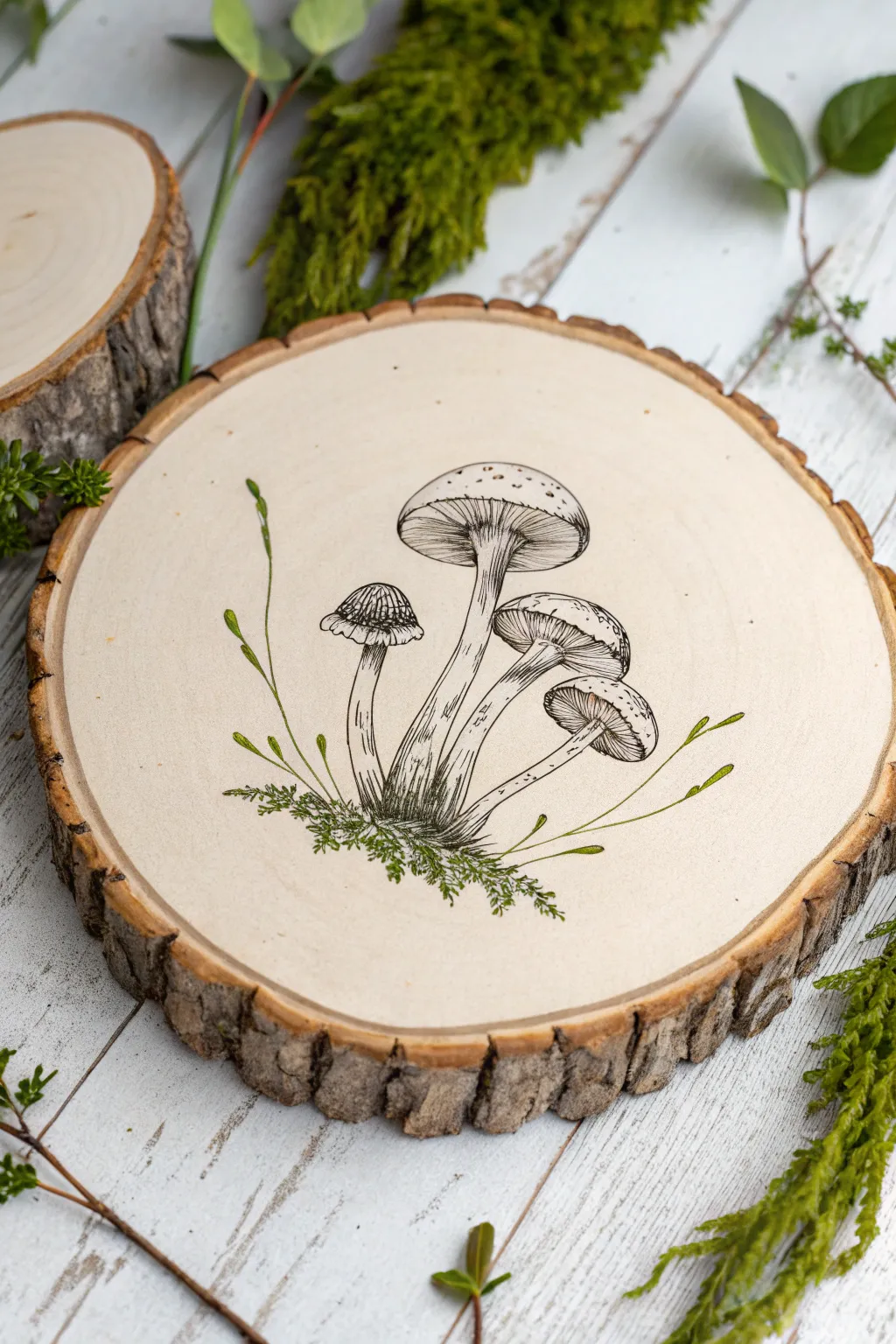 Botanical mushroom cluster line art on a wood slice, finished with soft moss-green accents.