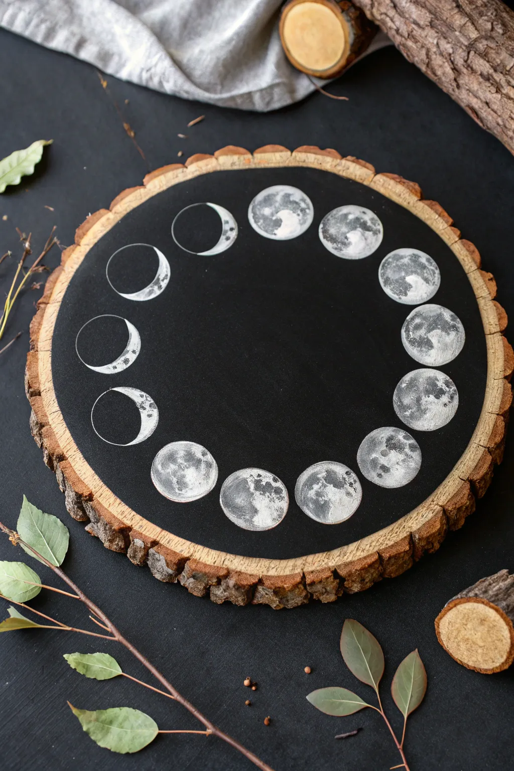 Minimal wood slice moon-phase rim painting on deep black, raw bark edge for crisp contrast