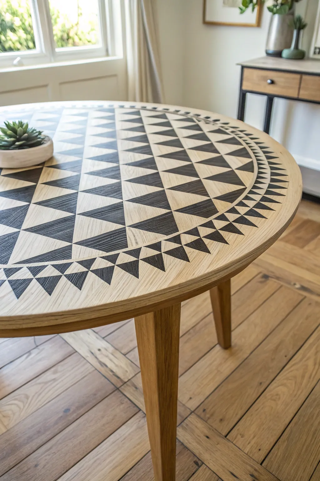 Crisp taped triangles on a wood tabletop for a modern, high-contrast Scandinavian look